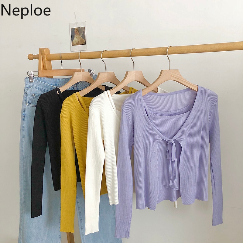 Neploe, conjuntos de cárdigan de punto para mujer, pajarita de manga larga, puntada abierta + básico ajustado, Chaleco Corto con tirantes, trajes de verano 4C691