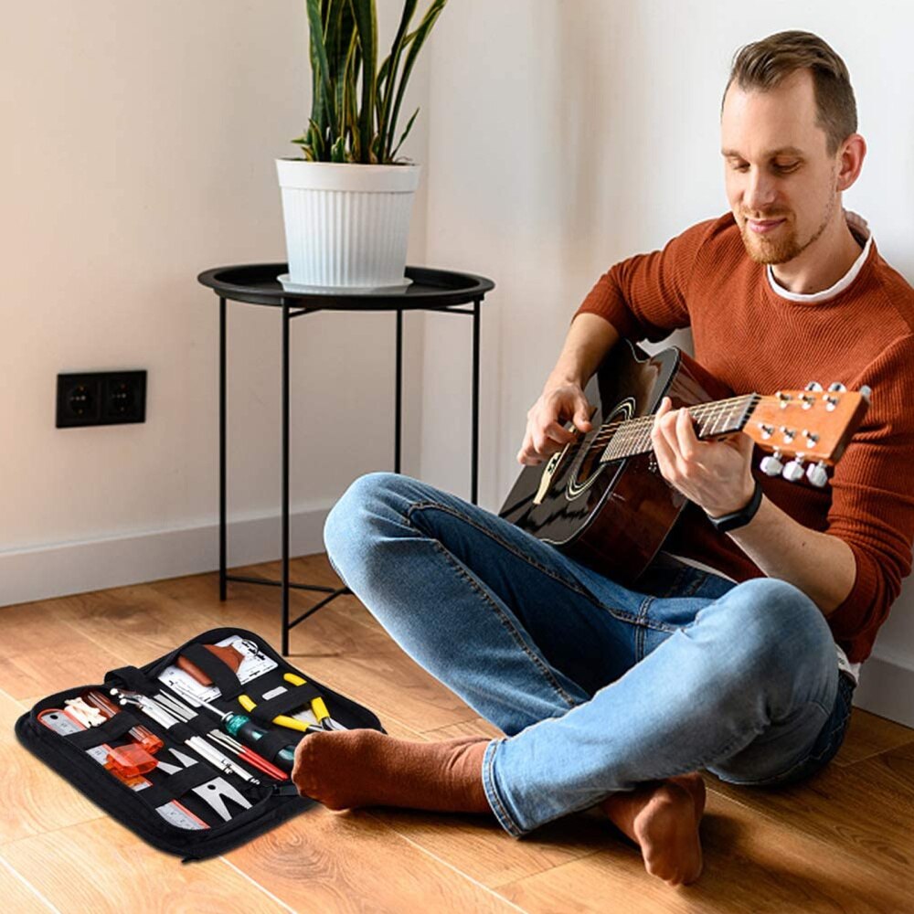 Kit de herramientas de reparación de mantenimiento de guitarra, organizador de cuerdas, regla de acción de cuerda, calibre, herramienta de medición, juego de Llaves hexagonales, aleta de archivos, 1 Juego