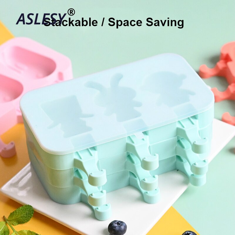 Cute DIY Ice Cream Mold Kit with 50 pcs Wood Sticks Food Grade Silicone Ice Tray Ice Cream Maker for Kitchen Supplies