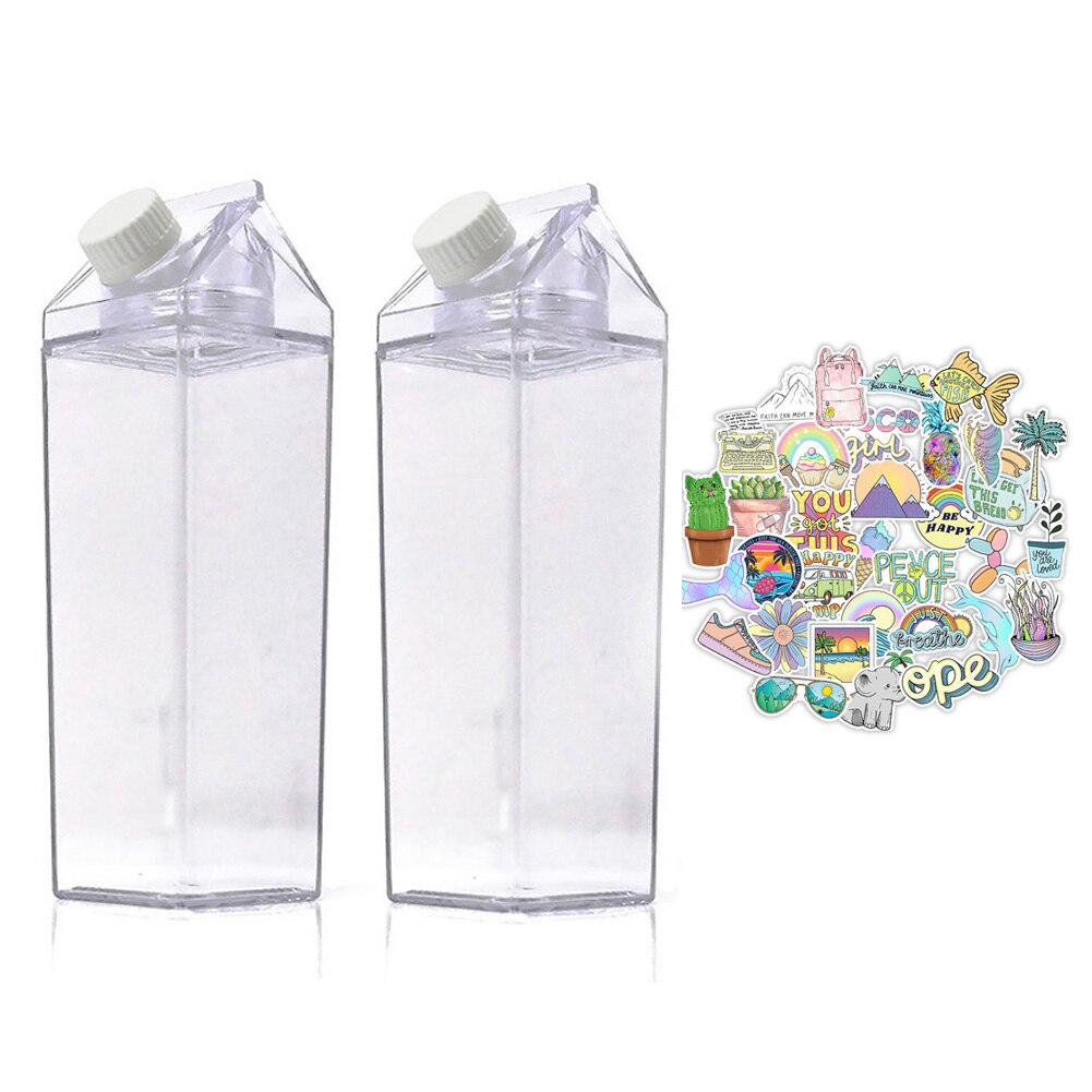 Melk Karton Water Fles 17Oz/34Oz Meisje Vsco Bpa Gratis Plastic Clear Vierkante Dozen Voor Vrouwen 2 stuks Met 50 Stuks Stickers