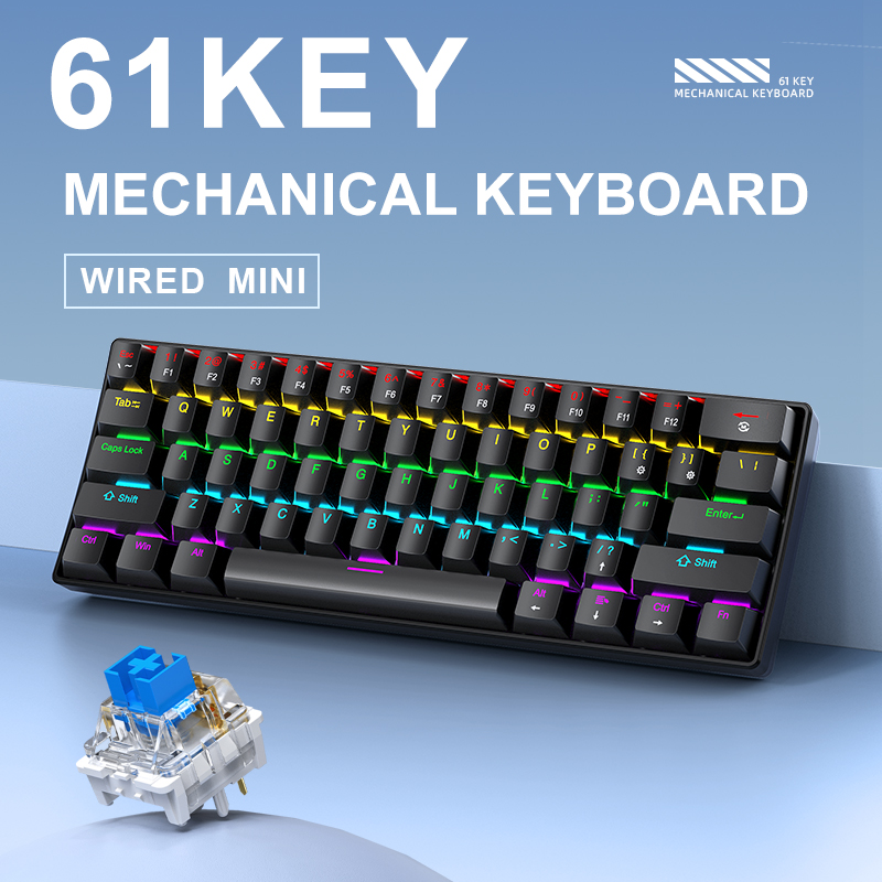 APAYADO K61 Teclado mecánico para juegos con cable al 60%, mini de 61 teclas, retroiluminado RGB, interruptor rojo/azul, portátil para PC y portátil