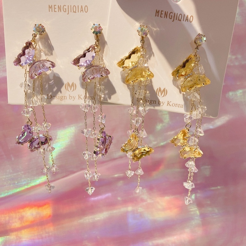 MENGJIQIAO Korean Colorful Crystal Butterfly Earrings For Women Girls Tassel Long Pendientes Party Jewelry