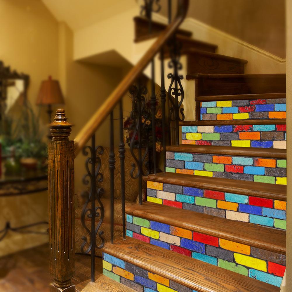 Escadas 3d adesivos papel de parede decalques da escada colorido rústico telhas padrão diy escada adesivo decoração para casa 6 pçs/set