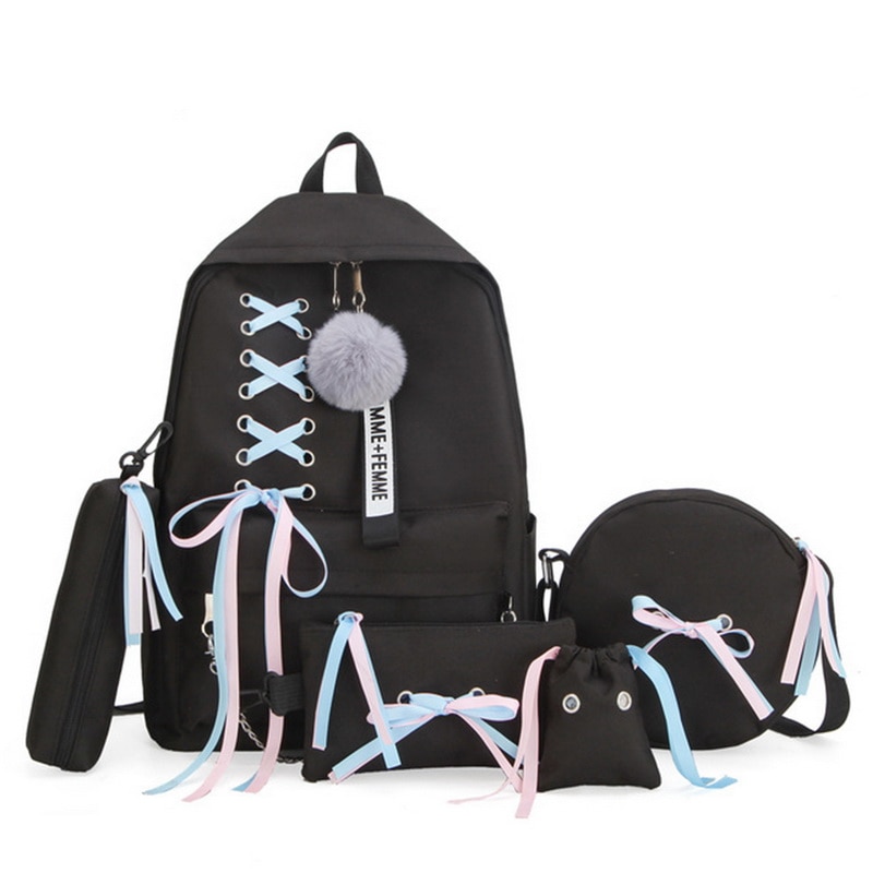 5 Stks/set Schooltas Voor Tiener Effen Rugzak Schooltas Vrouwen Student Zak Kant Boog Bundel Rugzak