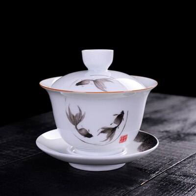 Nyopført kinesisk porcelæn te skål keramisk håndmalet gaiwan kop skål sæt låg kop underkop mat kina turin 180cc på salg: Fisk