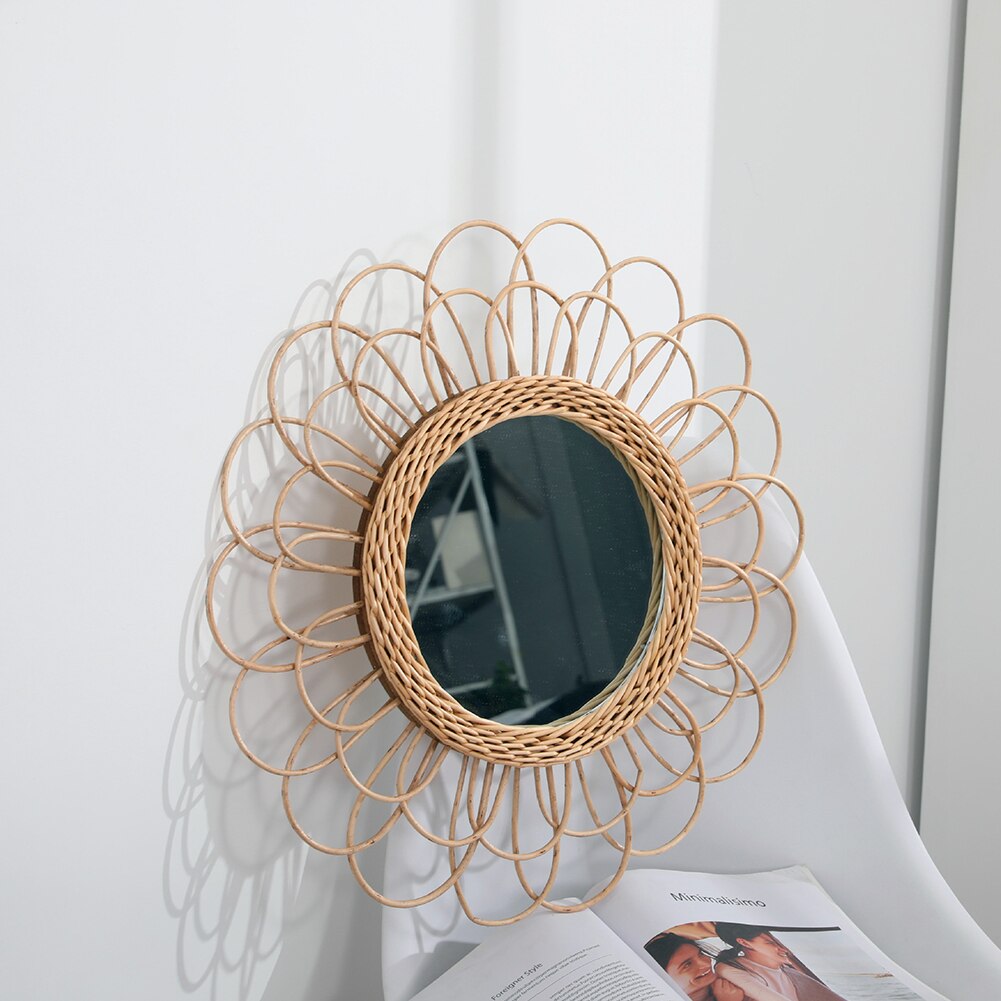 Art Deco Bathroom Wall Hanging Compact Round Interior Living Room Clear Rattan Dressing Mirror Space Saving Home Portable: A
