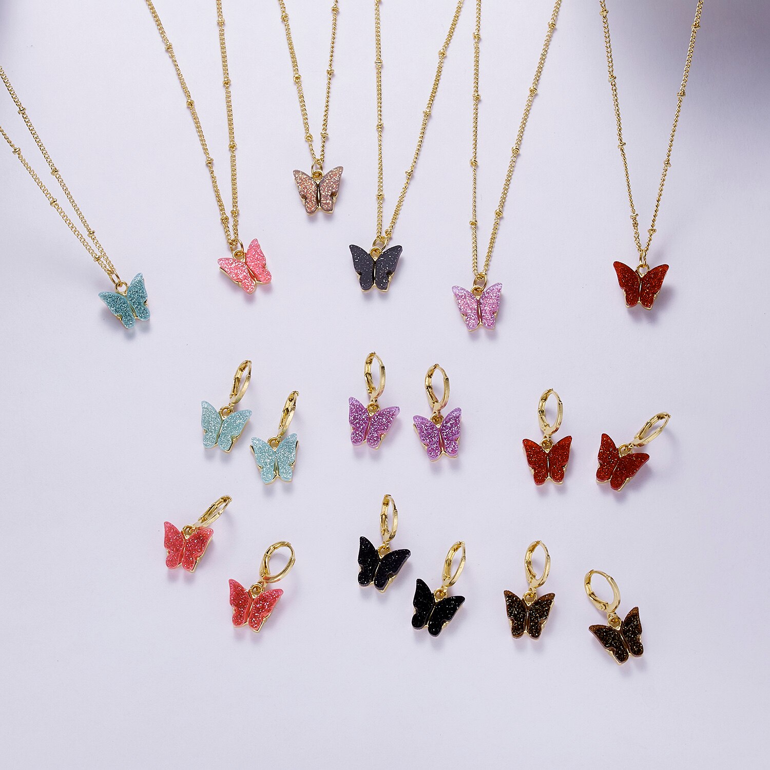 Ensemble de bijoux pendentif papillon en acrylique, scintillant, adorable ensemble de boucles d'oreilles et collier, de Style japonais et sud-coréen