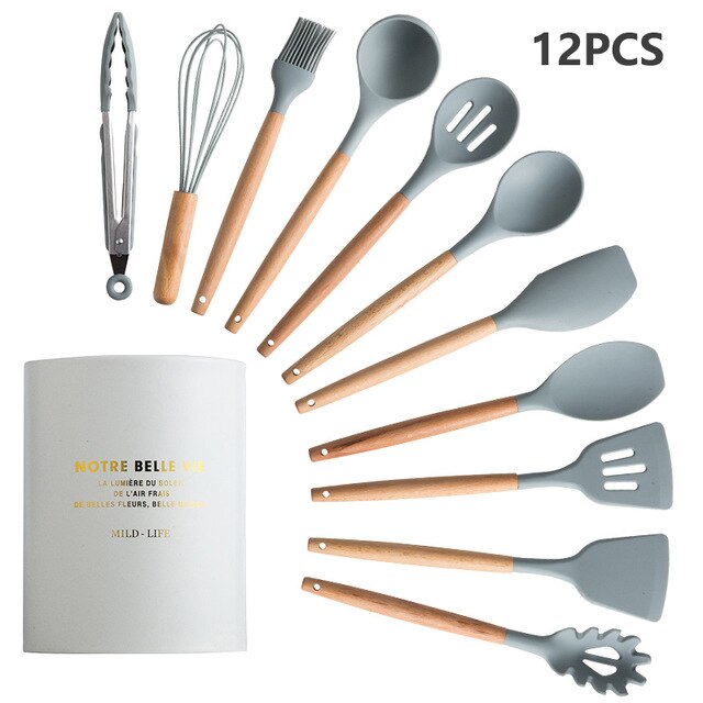 Batterie de cuisine en silicone avec poignée en bois Ensemble de cuisine Ensemble de batterie de cuisine Batterie de cuisine antiadhésive Accessoires de cuisine avec boîte de rangement en acier inoxydable: GRAY-12PCS