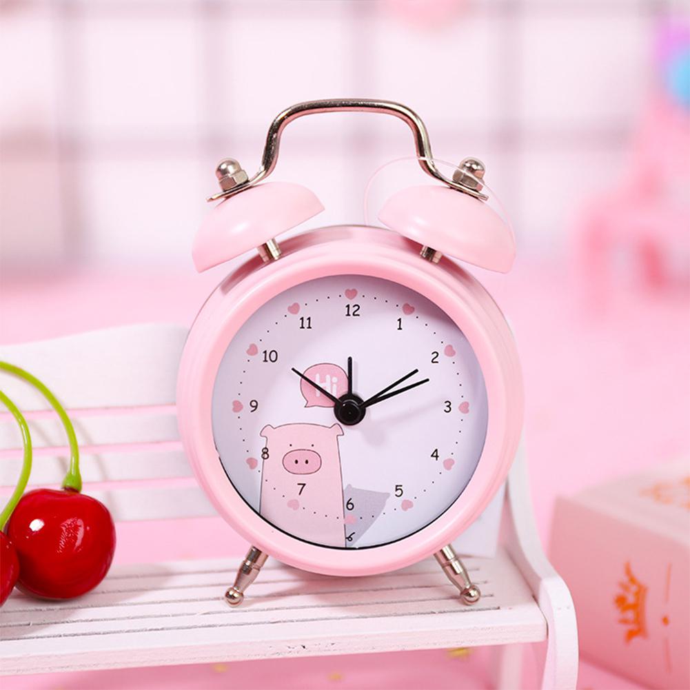 Portable Classic Silent Double Bell Alarm Clock Quartz Movement Bedside Bell Green Blue Red Pink Yellow for Student: Pink