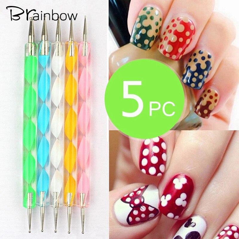 Brainbow 5 pièces 2 voies Nail Art pointage stylos vernis à ongles stylo à bille en aluminium marbleisation peinture Dot bricolage outils d'art des ongles