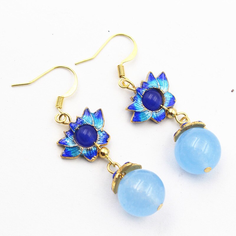 Yanting Cloisonne orecchini di loto per le donne perle di calcedonio blu orecchini dei monili di modo etnico orecchini regalo di compleanno 087