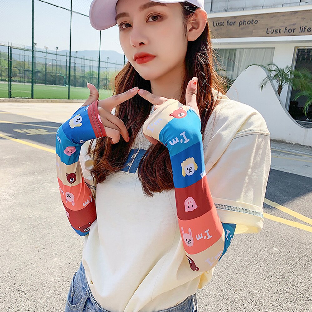 Dames arm mouwen ijs zijde koud fruit bloemen print zonnehandschoenen halve vinger auto armwarmers sport zonnebrandcrème mouw: I
