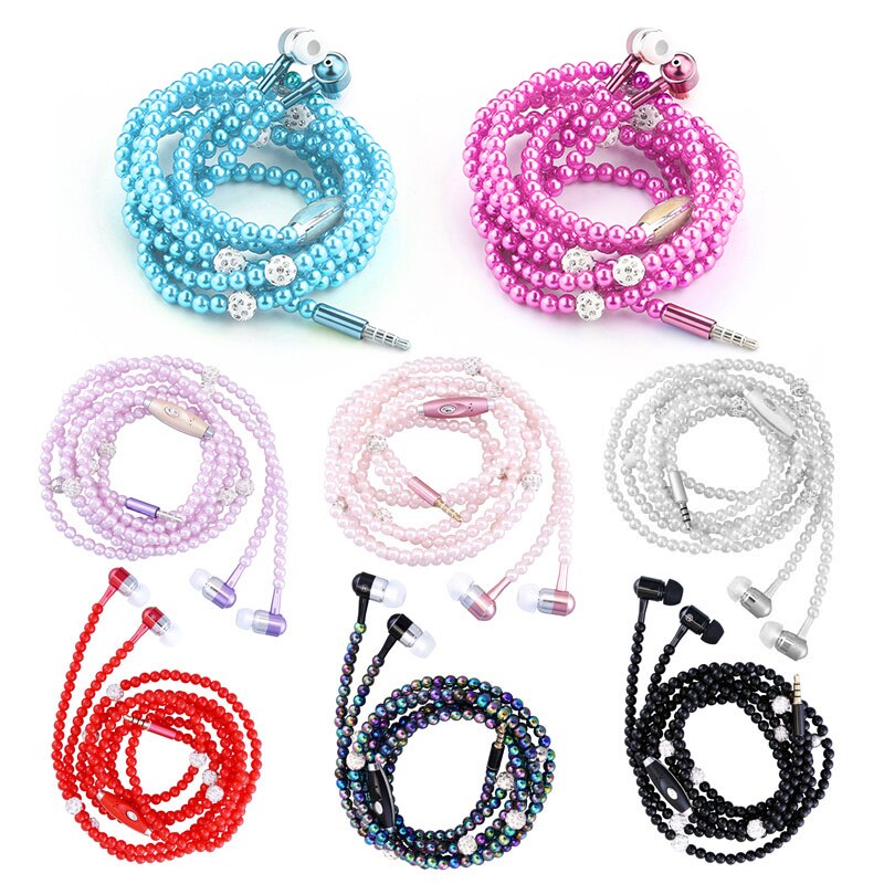 Skatolly Perle Halskette Kopfhörer in-Ohr Rosa Strass Halskette Schmuck Perlen Kopfhörer für Samsung Xiaomi Brithday Mädchen