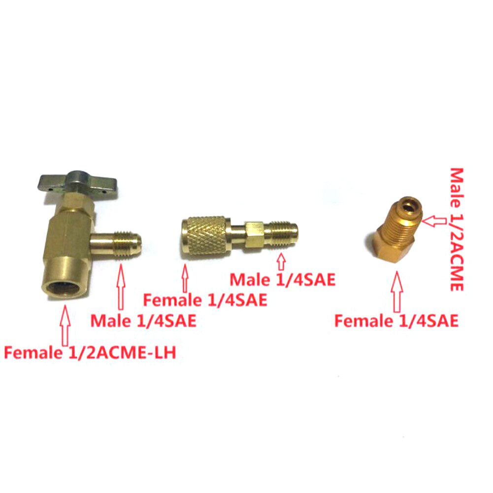 3pc r1234yf r134a r12 kølemiddel dåse adapterfittings 1/4 sae 1/2 "acme lh  r12 r22 r134a r -134a dåser med 1/2 " acme gevind