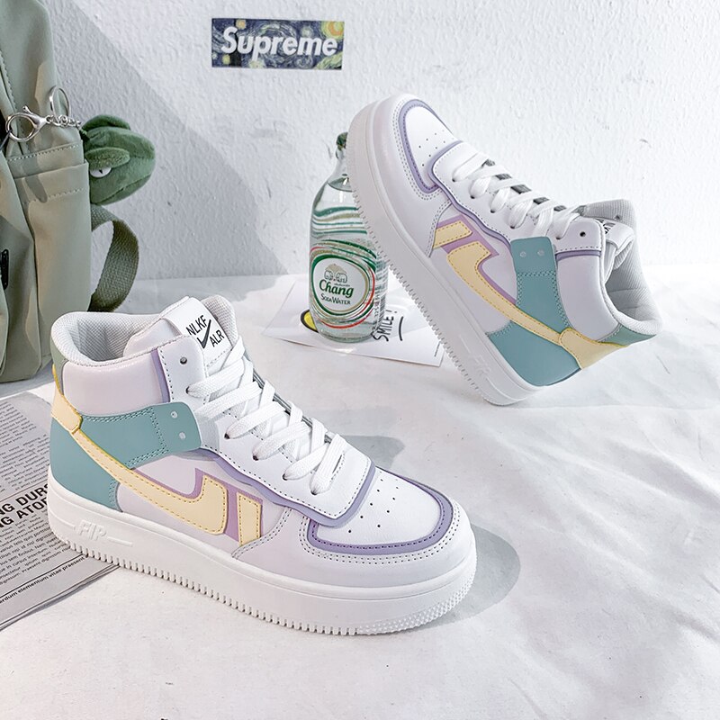 Women Platform Sneakers Korean PU Leather Trainers Womens Chunky Sneakers Tenis Female Spring Lace Up Casual Shoes