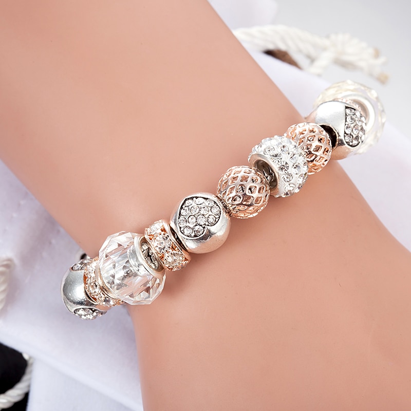 ANNAPAER Heart Charm Bracelets Silver Color Snake Chain Crystal Beads Fit Pan Original Bracelets for Women Jewelry B15175