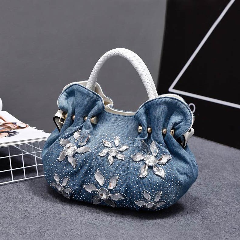 IPinee 2018 Mulher Bolsas Denim Sacos de Strass Luxo Do Vintage Sacos de Ombro das Mulheres Pequenos Sacos de Bolsas Femininas Para As Mulheres Jean: WHITE