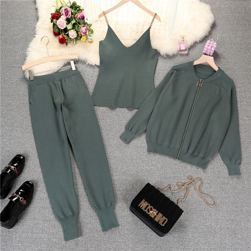 Amolapha Women Autumn Winter Knitted Vest Zipper Cardigans Pants 3pcs Sets Tracksuits Outfits: Army Green
