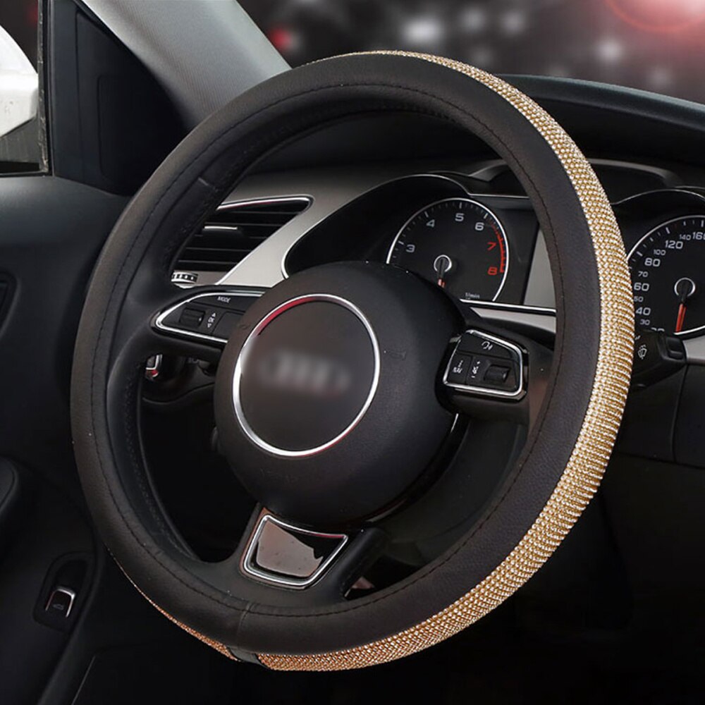 Fashionable Rhinestone Car Steering Wheel Cover Anti-slip Wheel Sleeve Protector (Black Leather + White Diamond)