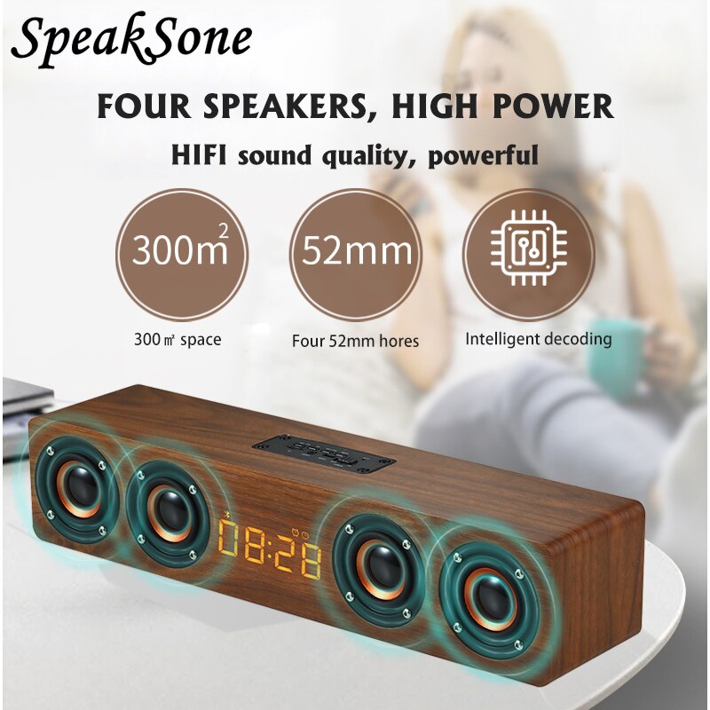 Houten Computer Speakers Draadloze Bluetooth 5.0 Luidsprekers Wekker 4 Speakers Geluid Bar Tv Echo Muur Home Theater Sound System