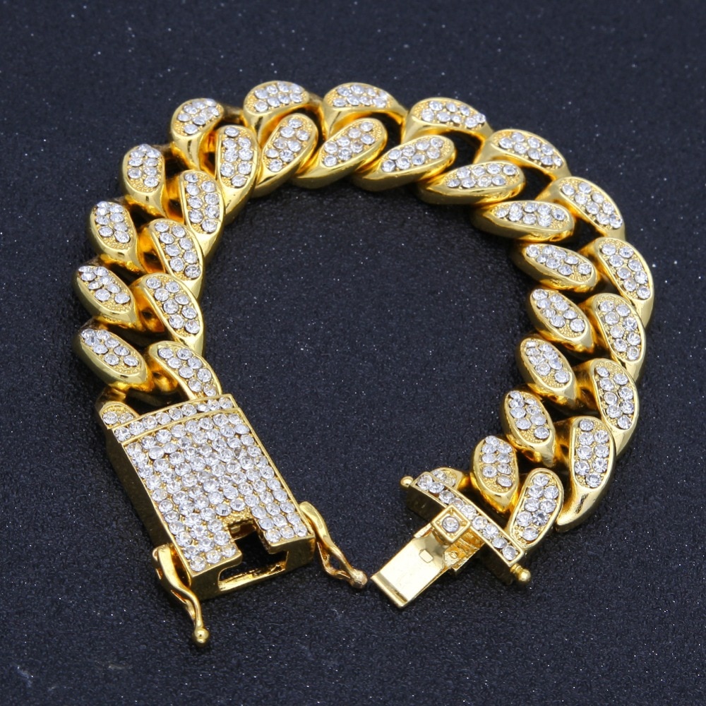 HipHop Men Iced Out Cuban Link Bracelet Simulated Diamonds Bracelet Cuban Links &amp; Chains Alloy Bracelet for Bangle Male Jewelry