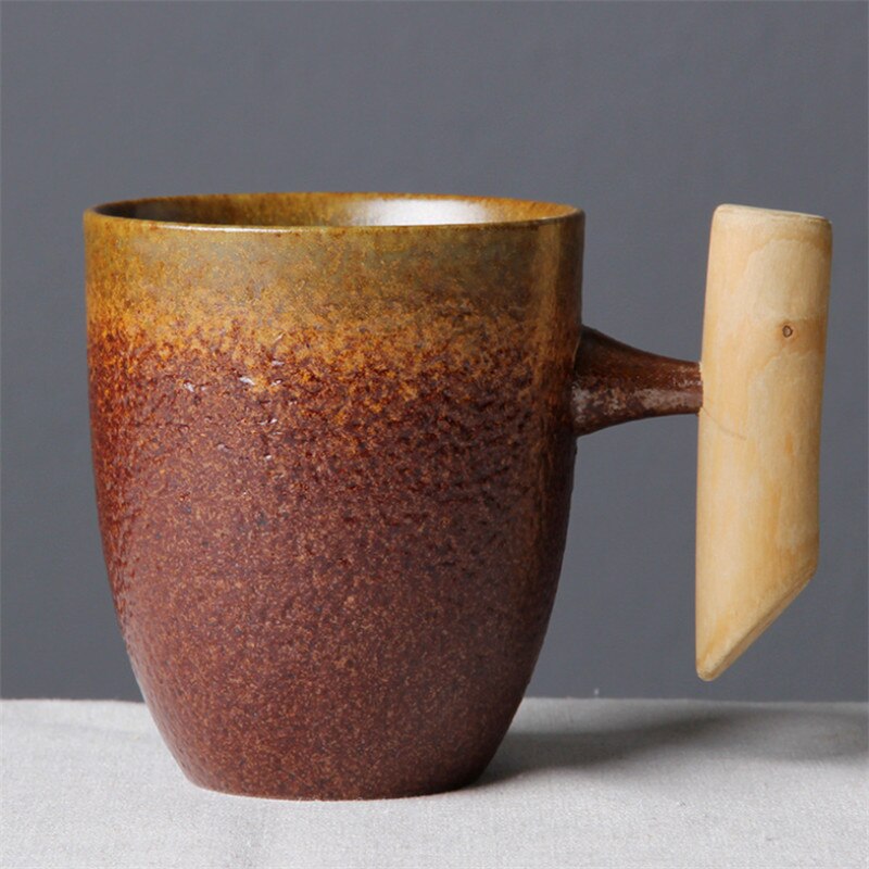 Japansk stil vintage keramisk kaffemugg tumlare rostglasyr te mjölk ölmugg med trähandtag vattenkopp hemmakontor drinkware: Lila