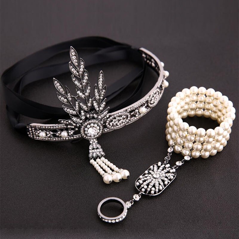 Art déco – couvre-chef de mariée Vintage pour femmes, accessoires de robe Gatsby, Costume et Bracelet, accessoires pour cheveux, années 1920: Black