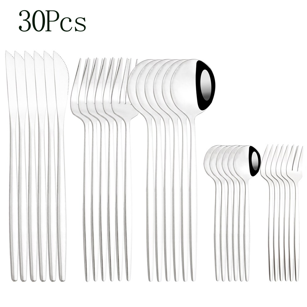 24pcs Cutlery Set Blue Silver Dinnerware Set Stainless Steel Silverware Knife Fork Spoon Tableware Flatware Set Dishwasher Safe: Silver