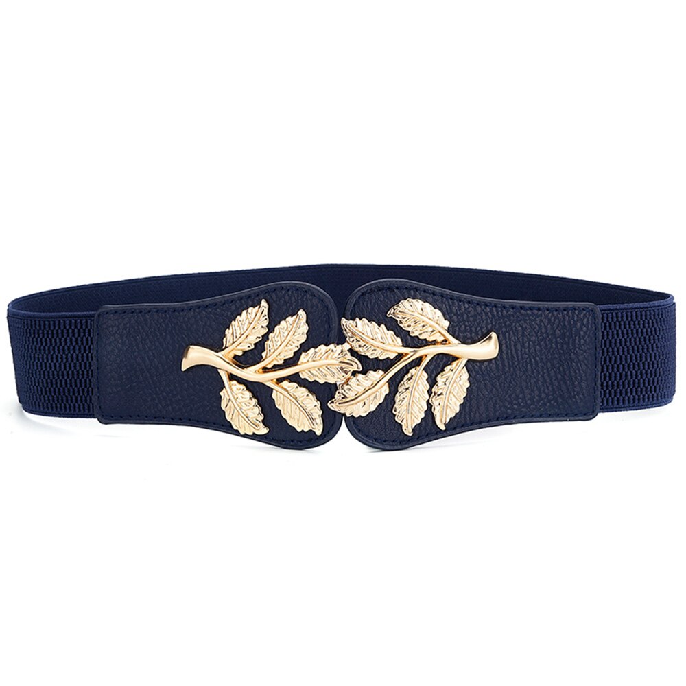 Funda de cintura para mujer, cierre de cintura elástico de hoja dorada a la con hebilla de doble gancho, cinturón ancho combinado con falda, cinturón para mujer: Azul marino