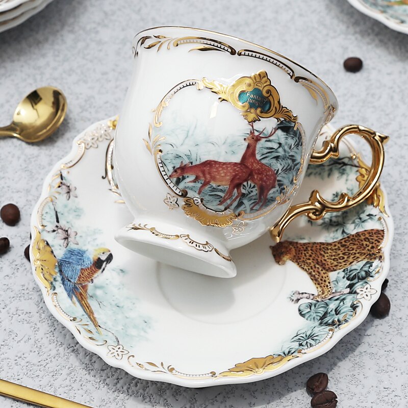 Ceramic coffee cup set jungle animal saucer bird monkey shape gold bone China tea