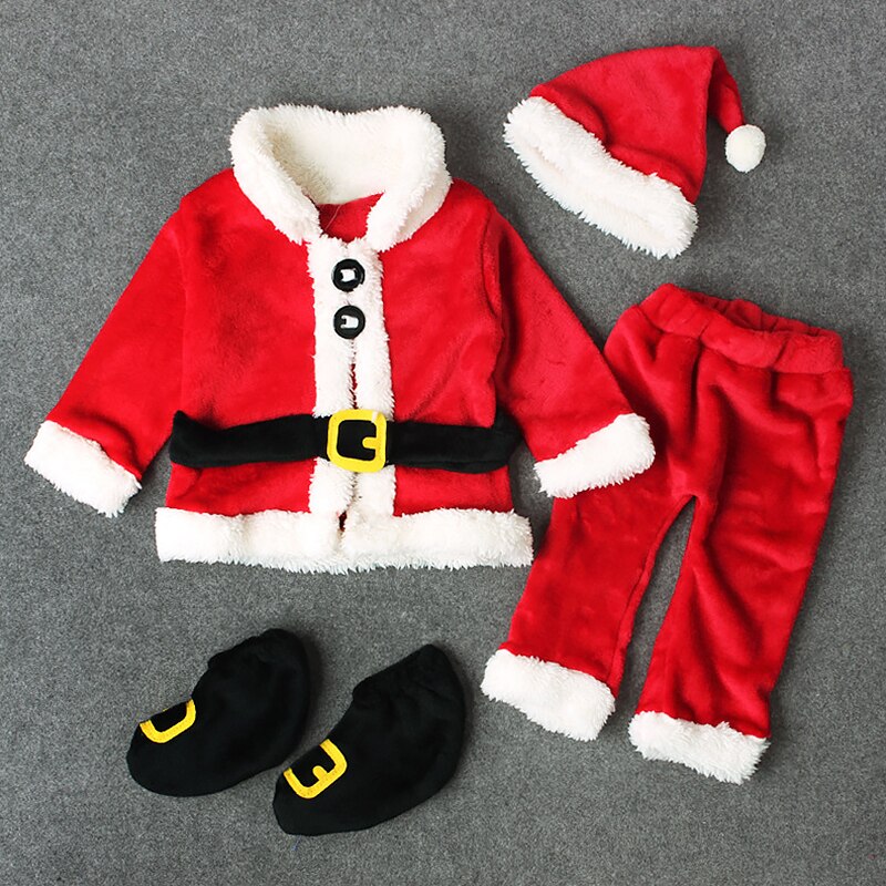 Spedbarn Låve Kostyme Santa Claus Langermet Topper + Bukser + Lue + Sokking 4 Stk Jul Kostyme Baby Gutt Klær Sett