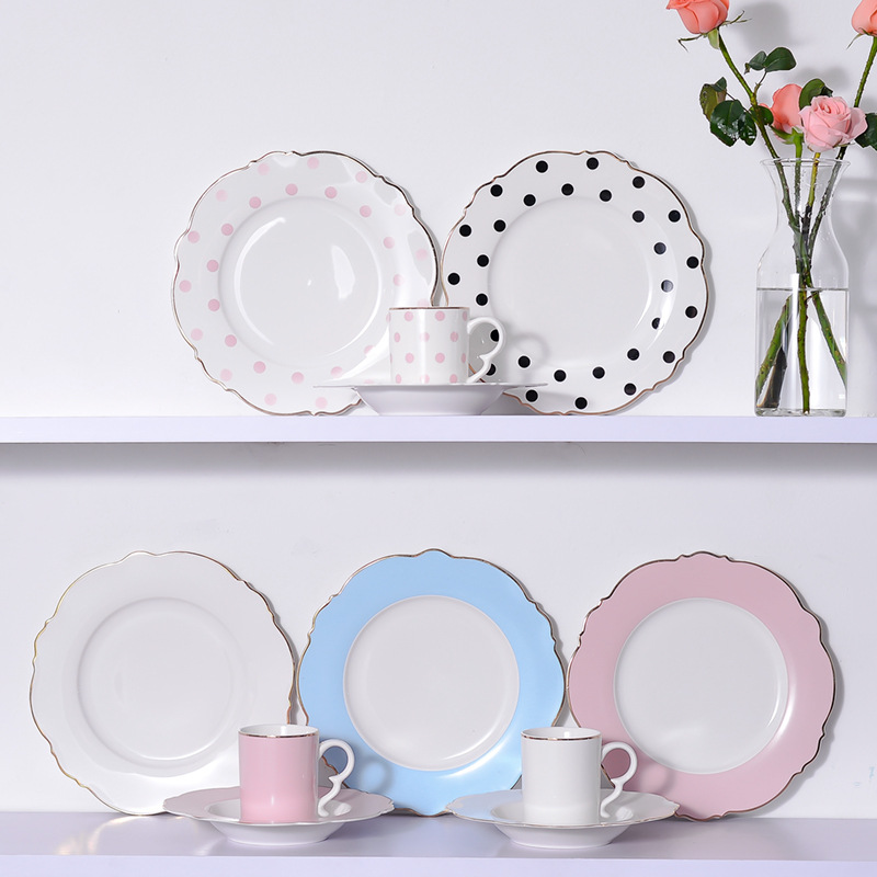 Pynomic Ceramic Plate Simple Pink Wave Point Flat Plate Western Steak Plate Girl Heart Dessert Plate Tableware