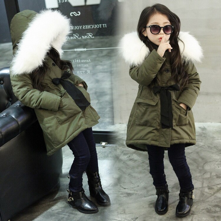 Girls Jackets Kids Faux Fur Collar Coat Korean Children Winter Sports Outwear 3-11 years old Army Green Thick Warm Coat