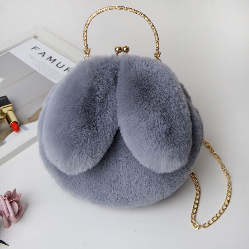 Faux Fur Rabbit Ears Plush Kawaii Round Bag Shoulder Crossbody Bags Women Chain Messenger bag Ladies Solid Furry Handbag