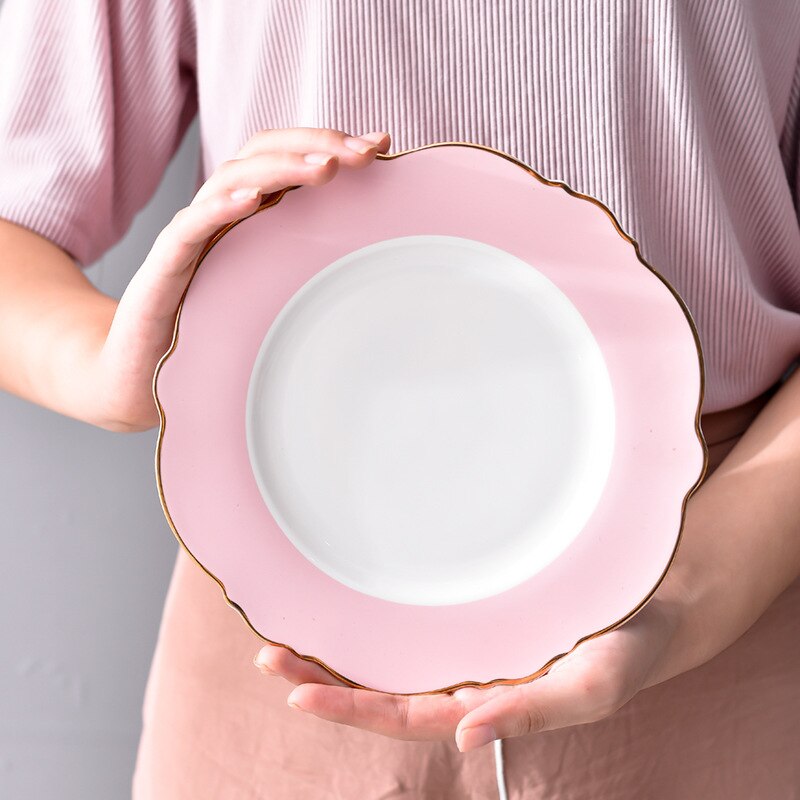 Ceramic Plate Pink Wave Point Simple Flat Plate Western Steak Plate Girl Heart Set Irregular Golden Girl