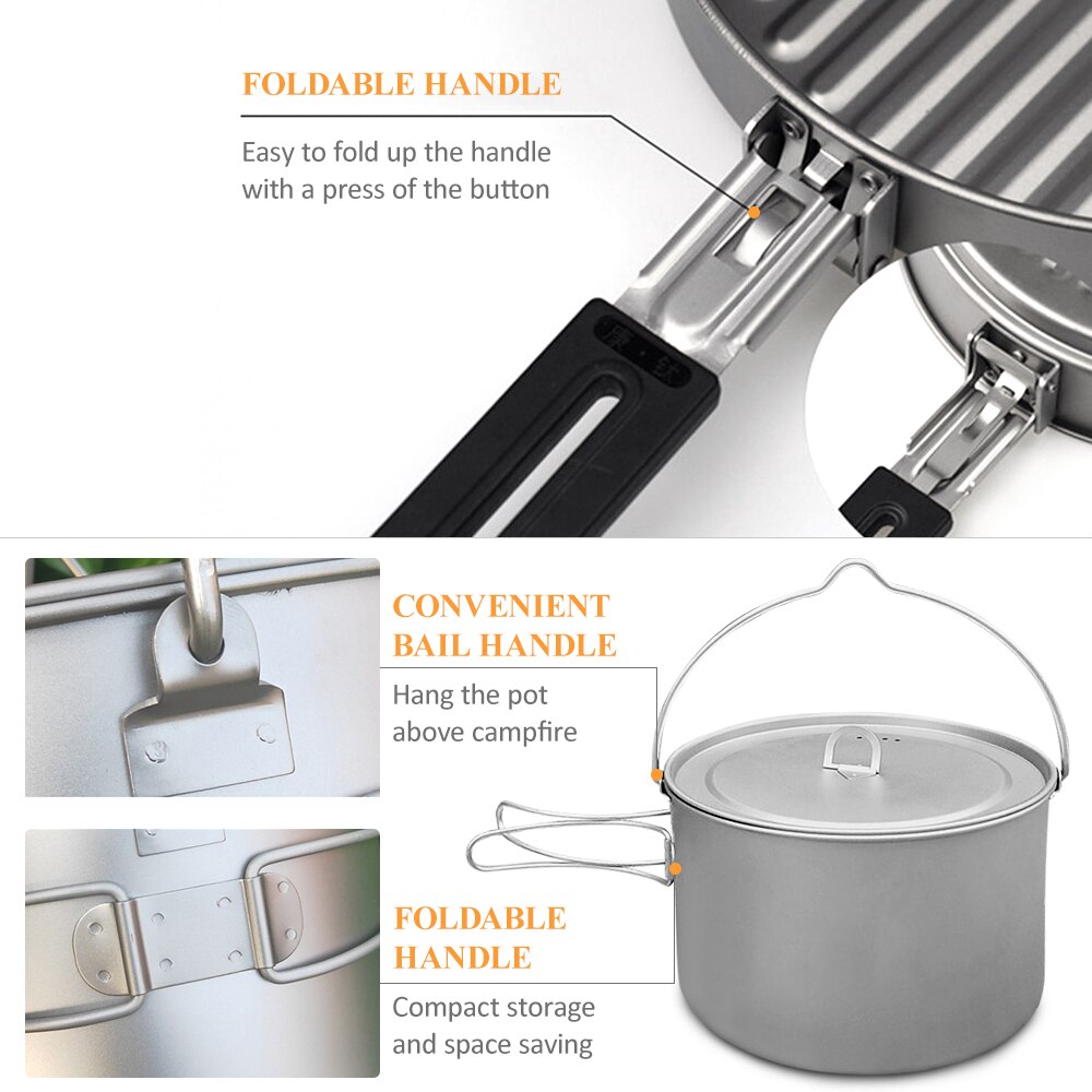 Lixada Vouwen Titanium Pannenset 2.8L Opknoping Pot 1.1L Pan Voor Outdoor Wandelen Picknick Koken Camping Apparatuur Servies