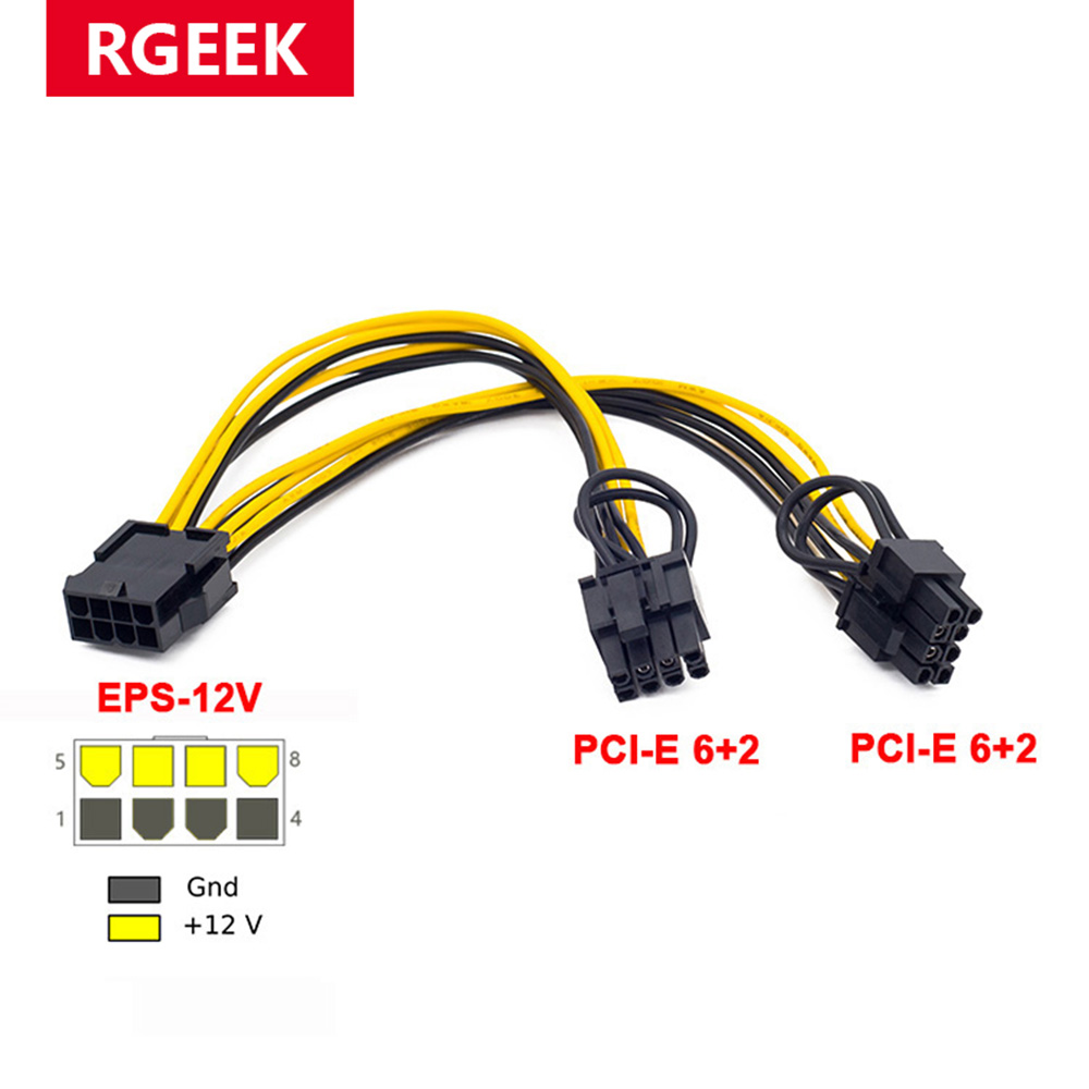 1-10 pcs RGEEK 12V EPS CPU 8 Pin to Dual 8(6 2) Pin PCIE Pci-e PCI Express Adapter Power Supply Splitter Cable 20cm for Mining