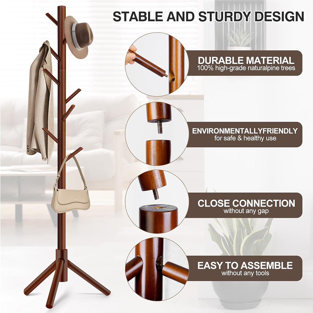 Coat Rack Freestanding Coat Rack with 8 Hooks and 3 Adjustable Size Tree Coat Racks for Bedroom Hallway Entrance Office for Hats
