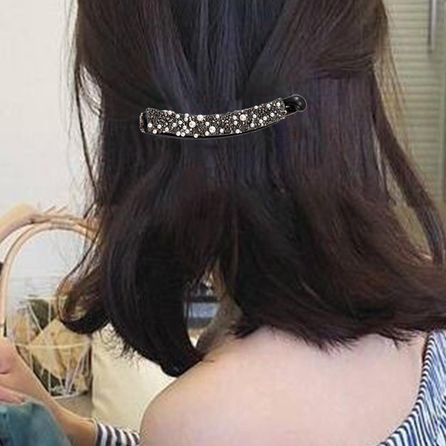 Clip de pelo de plátano con diamantes de imitación completos para mujer, soporte acrílico fuerte, horquilla de perla, pasadores, tocado de ,