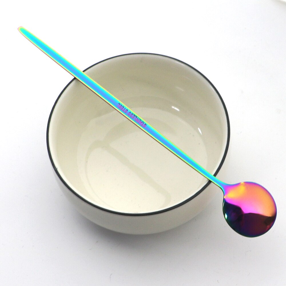 6Pcs Rainbow Long Hangdle Spoon For Polished Stirring Drink Dessert Ice Cream Spoon Cutlery Flatware Steainless Steel Tableware