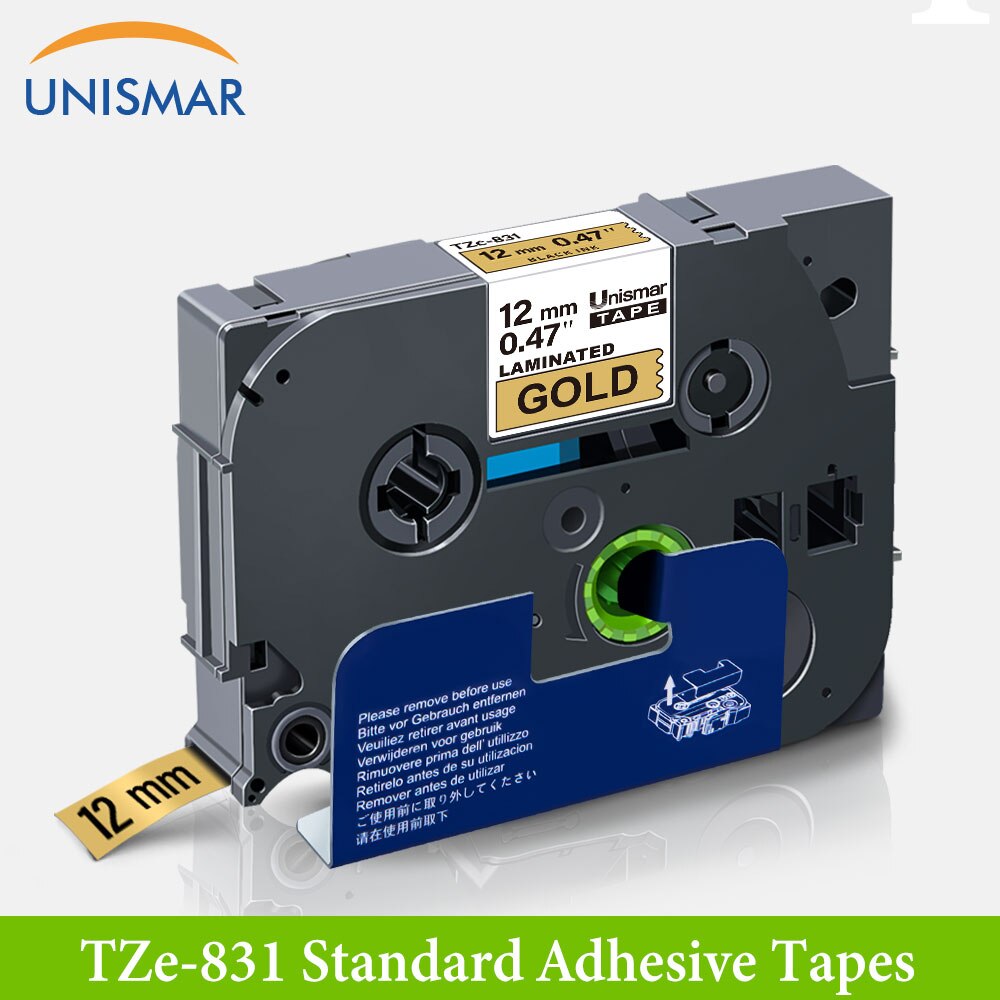 Unismar blanco en claro TZ-135 12mm cinta para etiquetas laminada hermano TZe 334 TZ cinta para P touch PT-D210 PT-H110 fabricante de etiquetas: Black on Gold
