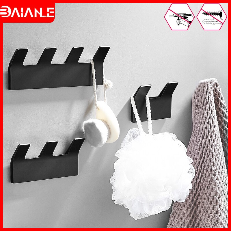 Self Adhesive Robe Hook Black Bathroom Hooks for Towels Bag Key Clothes Rack Decorative Coat Hook Wall Mounted Bathroom Hardware