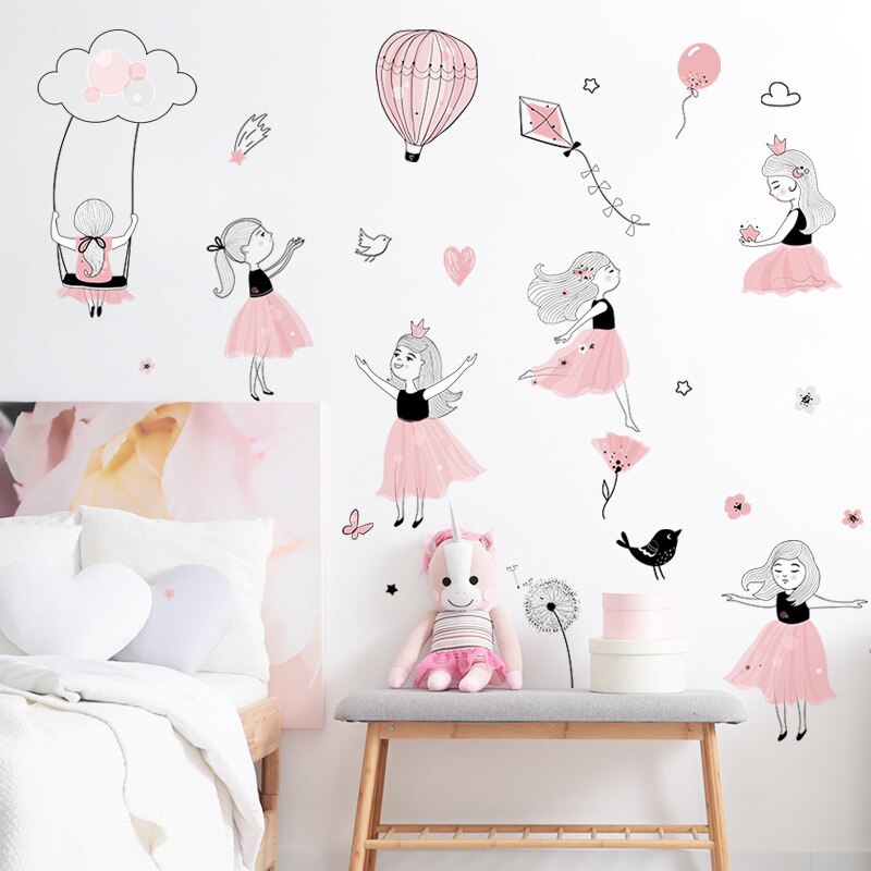Pink Princess Playing Wall Stickers Cartoon Girl Vinyl Wall Decals for Children Baby Room Bedroom Decoration Girl Stickers Mural