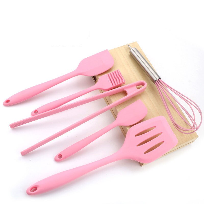 Food Grade Set of 6 Pink Silicone DIY Baking Tools Sets Scraper Brush Egg Beater Cake Tools Kitchen Baking Accessories Set
