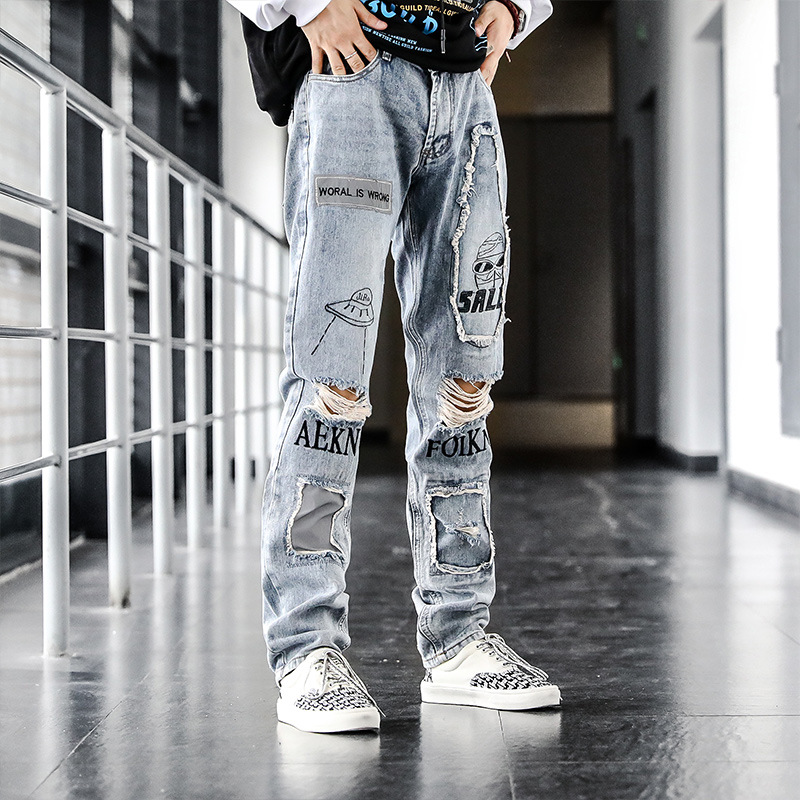 décontracté Denim déchiré trou lâche mendiant hommes imprimé jean coréen été mince jean décontracté patch pantalon