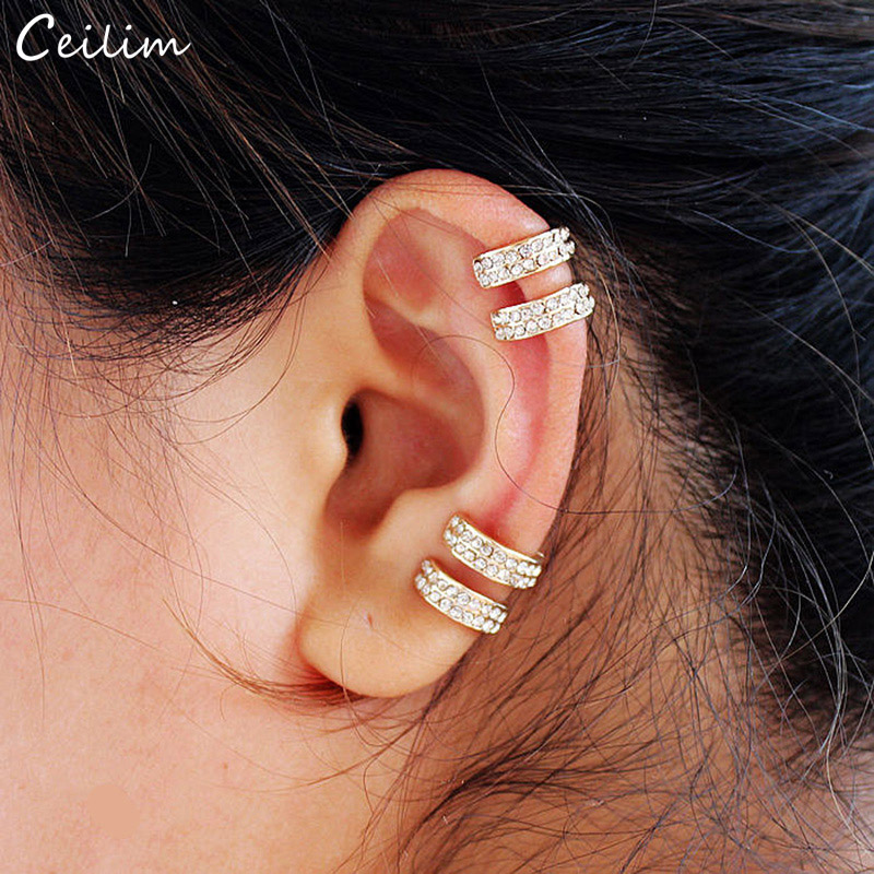 Crystal Earrings for Women Trendy Small Round Ear Cuff Gold and Silver Plated 2 Rows Rhinestone Clip Earrings Without Piercing