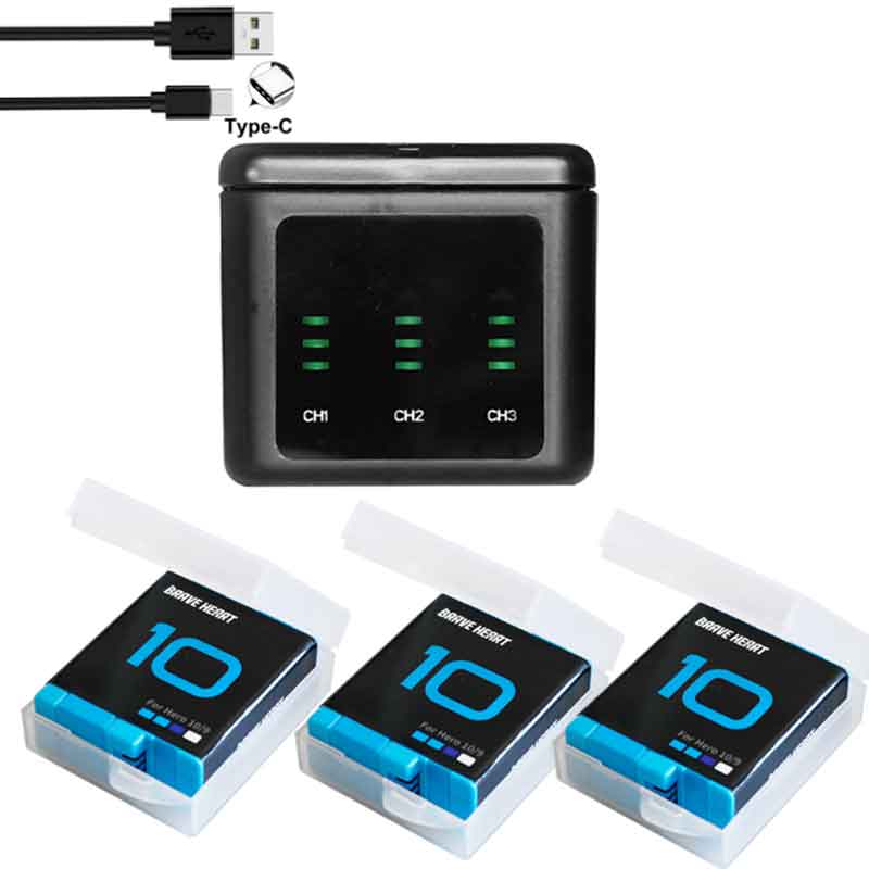Boîtier de chargement de batterie GoPro 10 9, 3 voies, boîte de rangement de batterie 1980mAh, pour Go pro Hero 9 10, accessoires: charger and 3battery