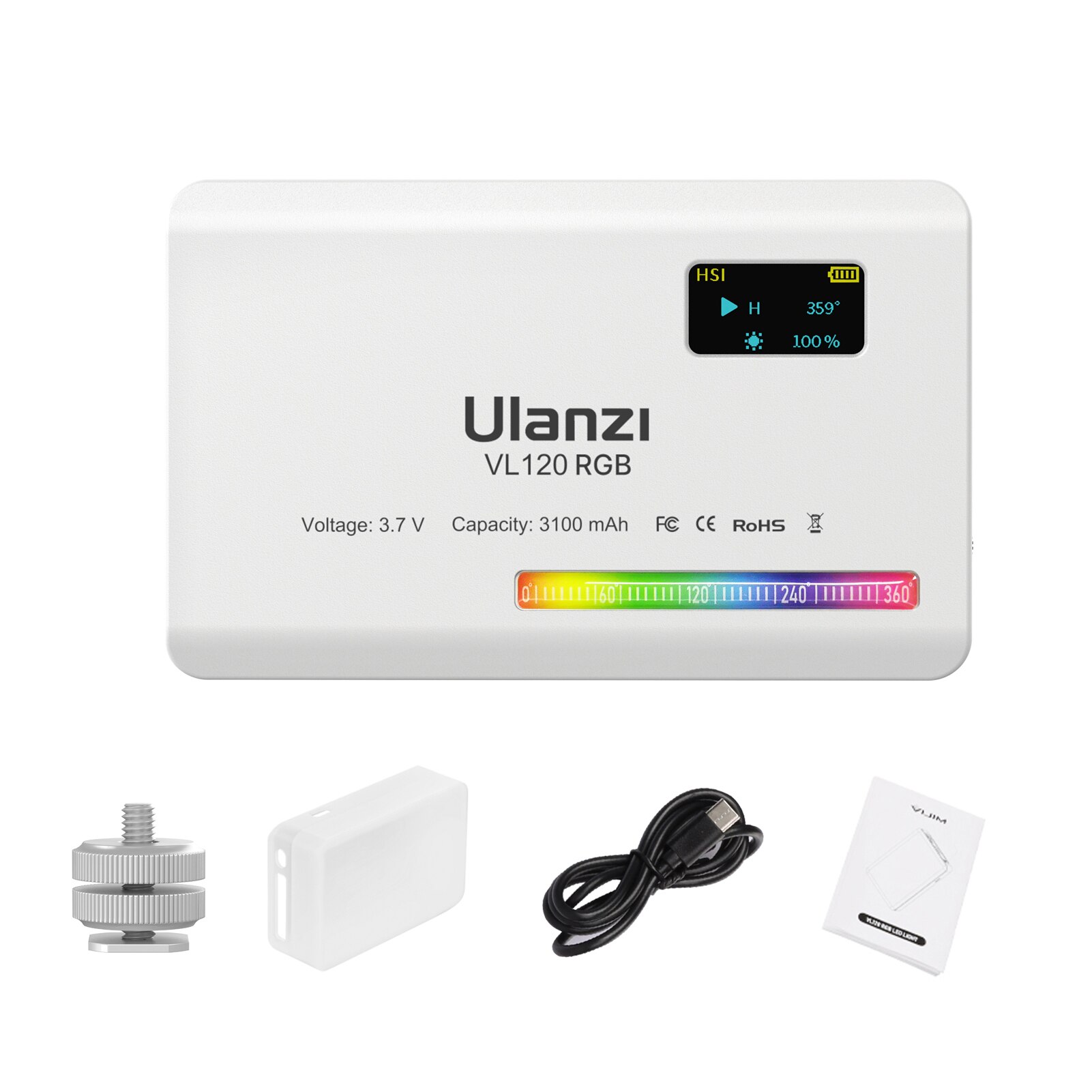 Ulanzi VL120 RGB Compact Video Light with Display Screen Diffuser Mini Camera RGB Light Smartphone Selfie Lighting 3100mAh: White-VL120 RGB