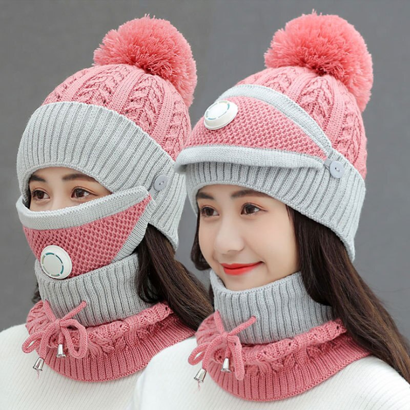 Outdoor Cycling knitted Hats Autumn Winter Knitted Hat Kit With Breathing Mask Thickened Warm Cap 3 in 1 Woman Hat Set: Breathing valve pink