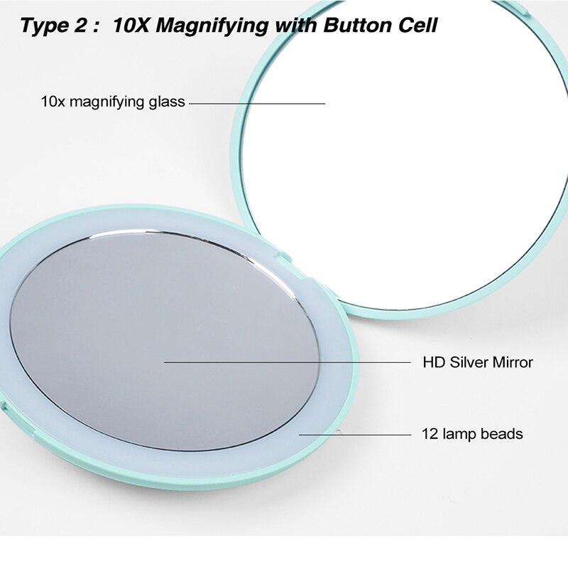 Espejo de maquillaje de 3 colores 3/10X con luz de aumento, Mini espejo de maquillaje LED redondo portátil, espejo de maquillaje recargable por USB